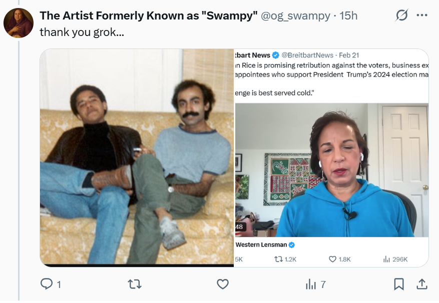 og_swampy's tweet image. Look what Grok says about the pics being the same person, dont mind the rachael Lavine thing it said the same thing about Maxwells new photos... But admits the pics are the same person