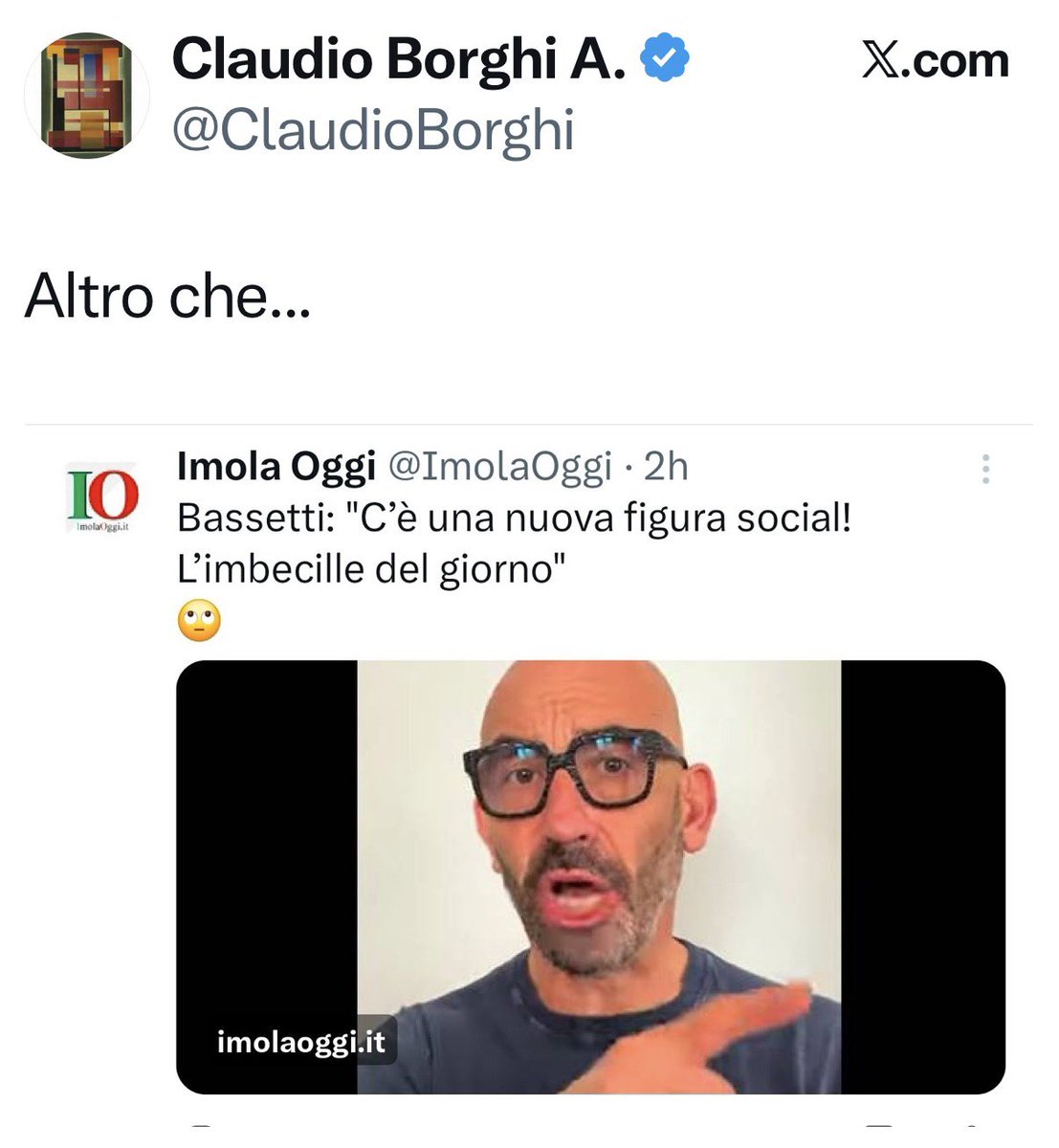 ProfMBassetti's tweet photo. Ecco il livello a cui è arrivata una certa politica italiana. Un Senatore della Repubblica che definisce “imbecille” un professore universitario. Se non fosse @ClaudioBorghi, mi arrabbierei. Ma visto il livello del soggetto, faro’ divertire un po’ i miei avvocati. Poi non si stupiscano da quelle parti (politiche), se continuano a perdere consensi. A lisciare il pelo ai #novax hanno vinto una volta, ma gli italiani non sono stupidì