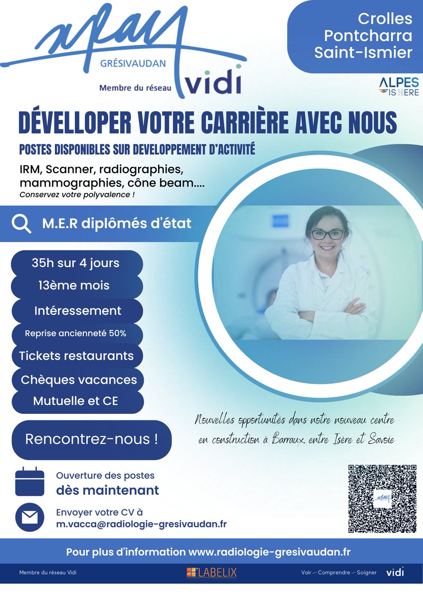 xraygresivaudan's tweet photo. Xray Gresivaudan recherche les manipulateurs/manipulatrices qui sauront l'accompagner dans son développement, avec ouverture en 2026 d'un nouveau centre avec scanner et IRM, au cœur du projet des JO 2030 entre Isère et Savoie.
#Radiologie #Crolles #pontcharra #saintismier #vidi https://t.co/XY55WAje6K
