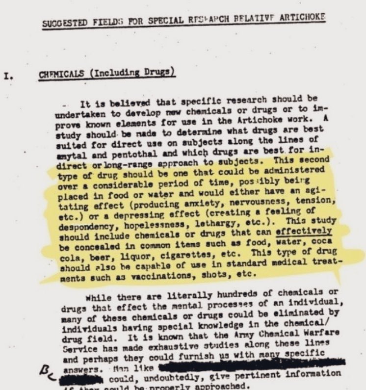 CIA'nın gizliliği kaldırılan MKULTRA belgesinde, insanların uyuşturulması için açıkça tartışılmış.

Yiyeceklere, suya, Coca-Cola'ya, biraya, sigaraya ve hatta aşılara konulan maddeler, zamanla yavaş yavaş kaygı, umutsuzluk, gerginlik ve depresyona yol açmayı amaçlıyor.

Bu bir