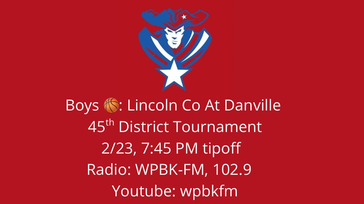 SMITTY40484's tweet photo. 🏀 45th District Boys Basketball Tournament 
Lincoln Co 🆚 Danville
📍 tonight at Danville High School
⏰ 7:45 pm
🎟️ No Cash/ online only: https://t.co/FNTgfhFBnV
📻 WPBK-FM, 102.9
📺 https://t.co/poQp3RAn3I https://t.co/cUG1xO3G44