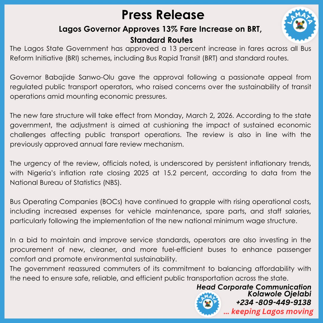 Lagos Governor Approves 13% Fare Increase on BRT, Standard Routes

#LAMATA #keepinLagosmoving #lasg