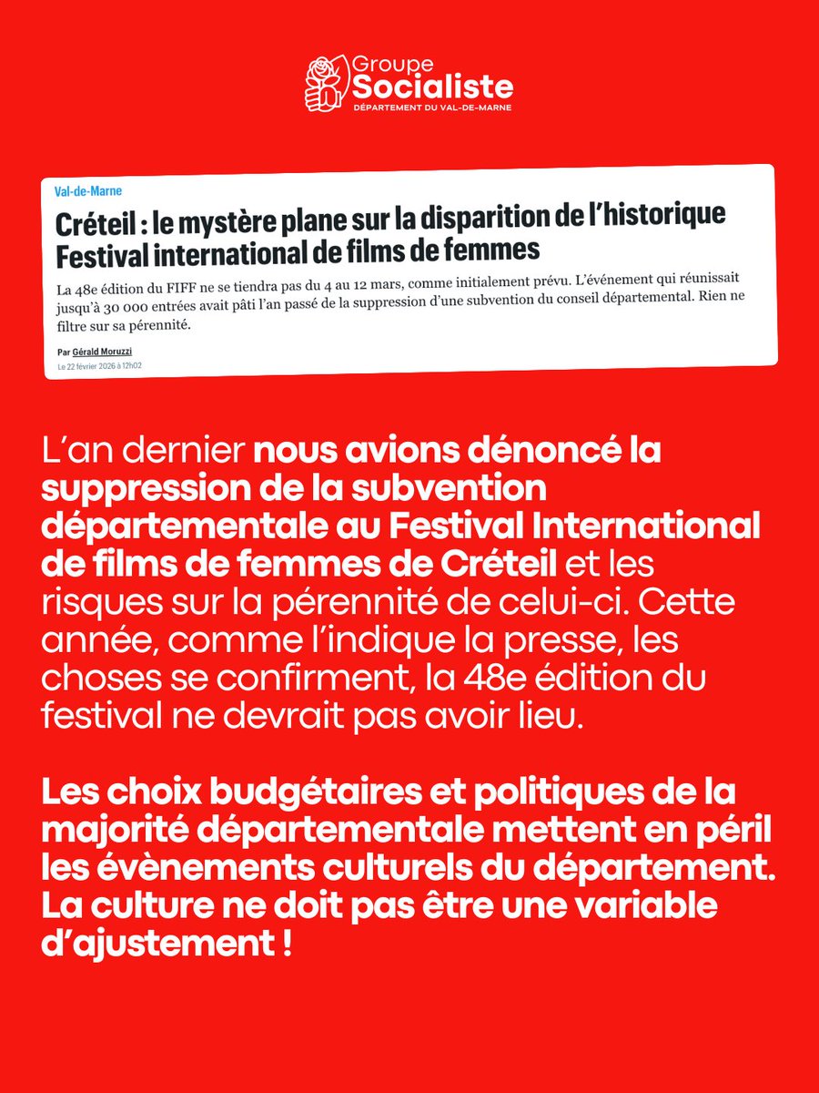 PSCD94's tweet photo. L’an dernier nous avions dénoncé la suppression de la subvention départementale au Festival International de films de femmes de Créteil et les risques sur la pérennité de celui-ci.

Cette année, les choses se confirment, la 48e édition du festival ne devrait pas avoir lieu.

1/2 https://t.co/ciP6UD07C1