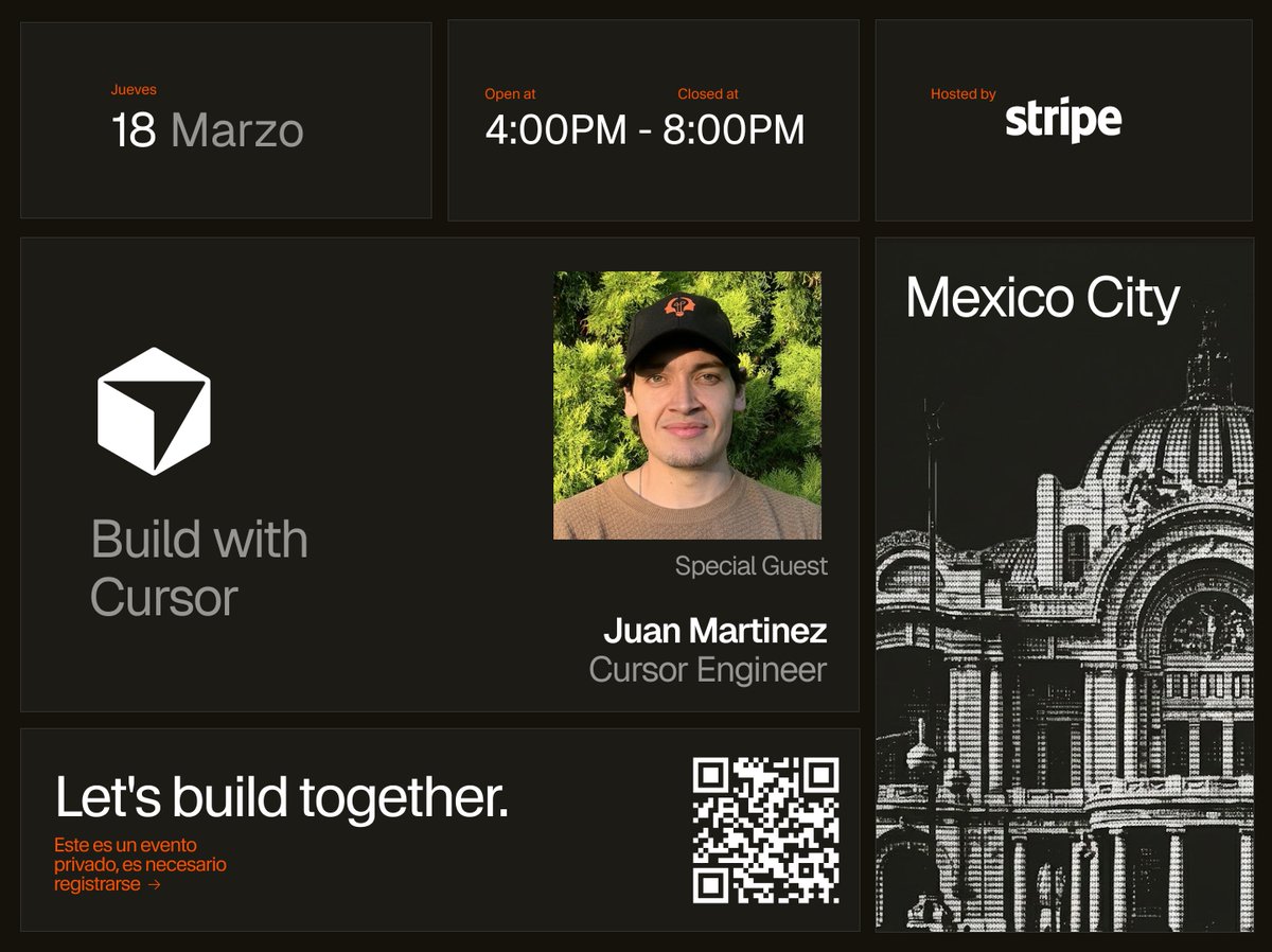 Join us what will be the biggest Cursor event in Mexico yet! 🇲🇽

Build with Cursor comes to Mexico City with special guest <a href="/JuanRezzio/">Juan</a>, you don't wanna miss this one!

<a href="/cursor_ai/">Cursor</a>