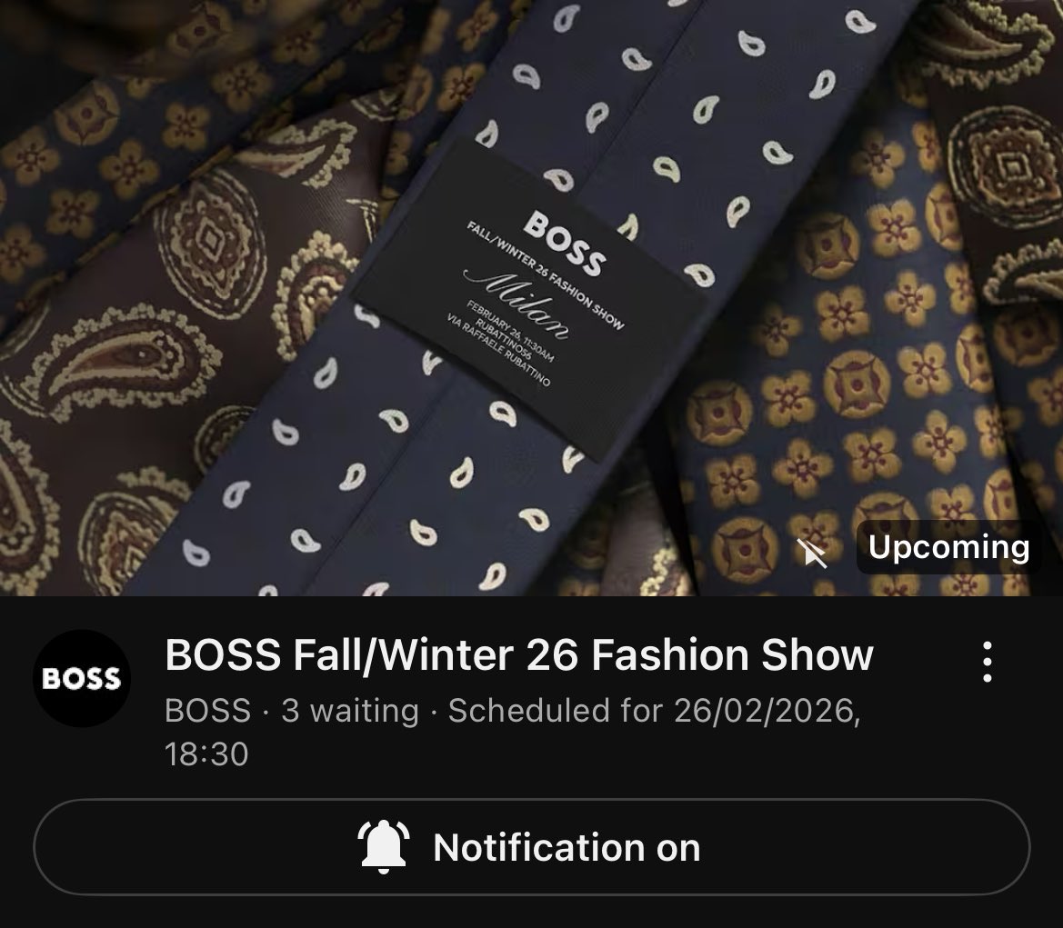 BOSS Fall/Winter 26 Fashion Show youtube.com/live/f5gm86CUX… via <a href="/YouTube/">YouTube</a>