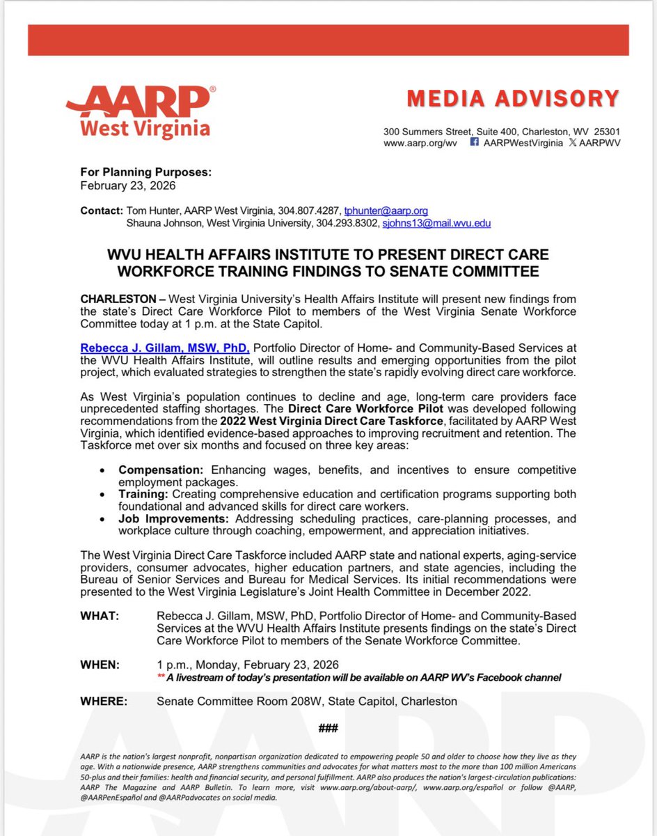 tphunter's tweet photo. Media alert: @WVUHAI presentation on Direct Care Workforce Training findings at 1 p. today in @wvsenate Workforce Cmt.; building off ‘22 WV Direct Care Taskforce @wvlegislature work facilitated by @AARPWV. @WSAZnews @wchs8fox11 @WOWK13News @wvpublicnews @wvgazettemail #caregiving https://t.co/bJNRNh1bKb