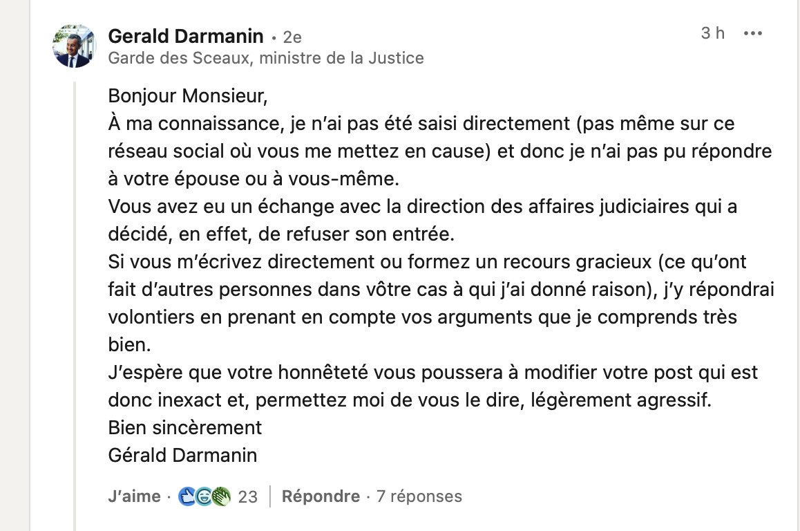 LelloucheNico's tweet image. Vous avez sans doute vu passer le message de Jean-Baptiste Kempf (VLC) contre Gérald Darminin et l'admin française :

numerama.com/tech/2186267-c…

Je découvre à l'instant que la dispute se poursuit sur LinkedIn, où le ministre a répondu (et c'est bouillant).