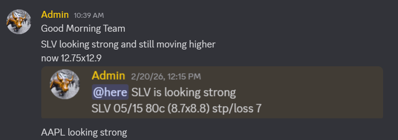$SLV

$SPY $QQQ $GLD $SLV $AAPL $CRWV $IREN $XOM $OXY $NVDA $AVGO $LLY $VKTX $MRNA $GLW $APLD