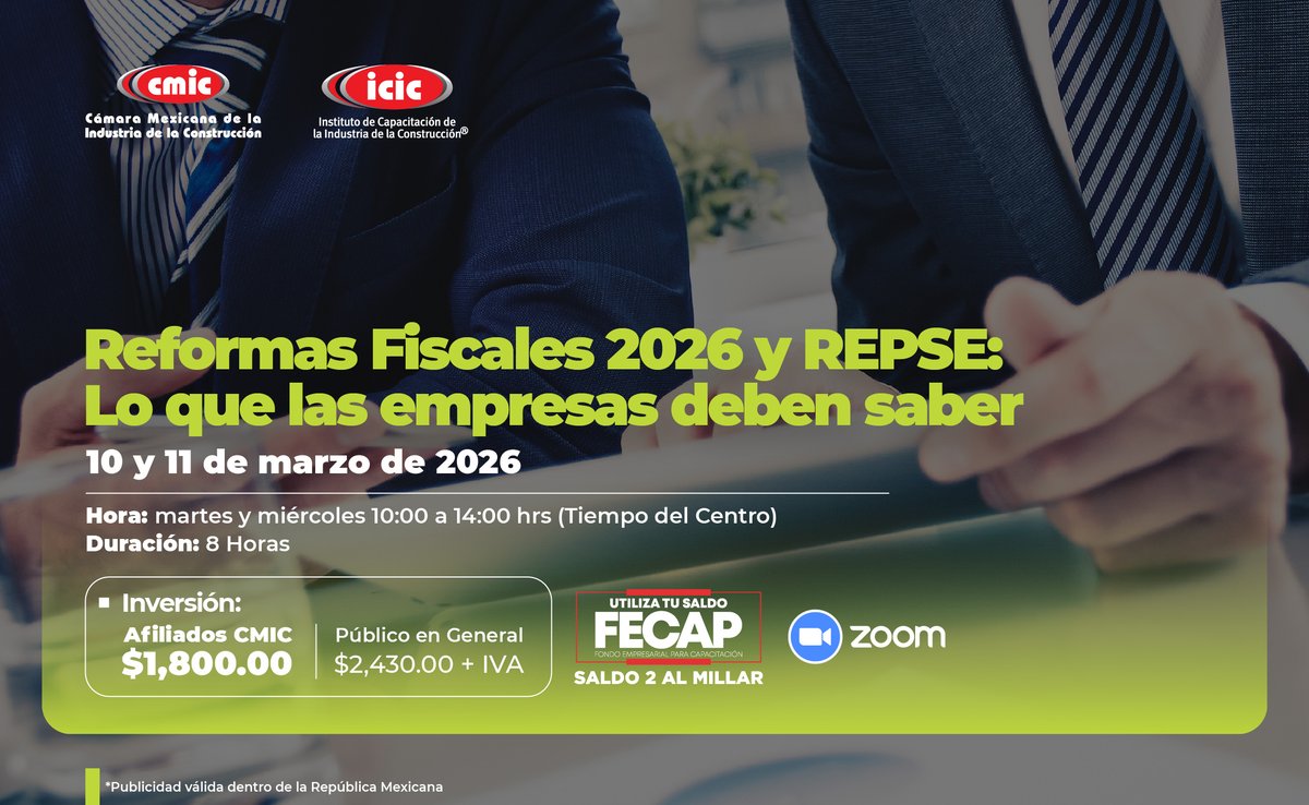⚠️ ¿REPSE al 100% para 2026?
SAT, IMSS y STPS ya apuntan a tu deducción por subcontratación. Un error y la pierdes.

En 2 días te enseñamos:
🔹 Reformas fiscales 2026
🔹 Criterios SAT sobre servicios especializados
🔹 Cruces SAT-IMSS-INFONAVIT
🔗 tinyurl.com/y9au4v7a