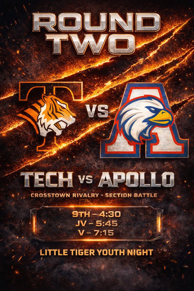 TechTigerBB's tweet photo. 🔥IT’S ROUND TWO. 🐅🔥

Tech vs Apollo Crosstown rivalry. Section race.

🗓️Feb. 24th - Tuesday

📣We need the DEN LOUD. 
Student section — show up &amp; show out.
9th 4:30 | JV 5:45 | V 7:15

#JungleEnergy #TechTigers #DefendTheDen https://t.co/t0Vs8OqmUA