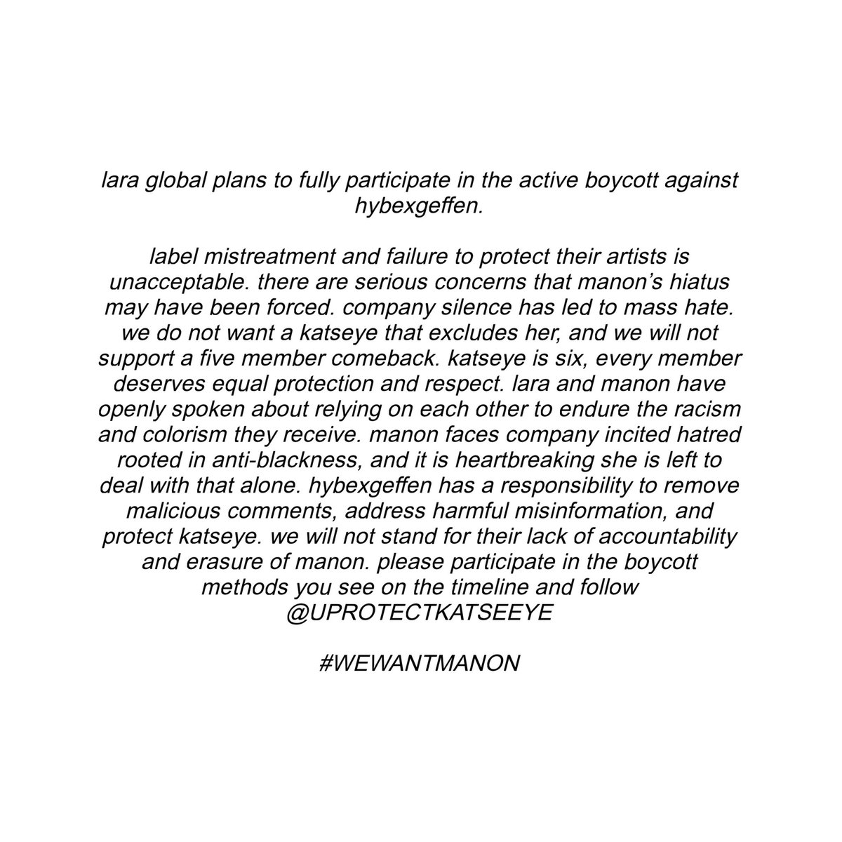 worldwidelara's tweet image. lara global will be boycotting for manon 🚨

KATSEYE IS SIX.
#WEWANTMANON
#JusticeForManon
#BoycottForManon