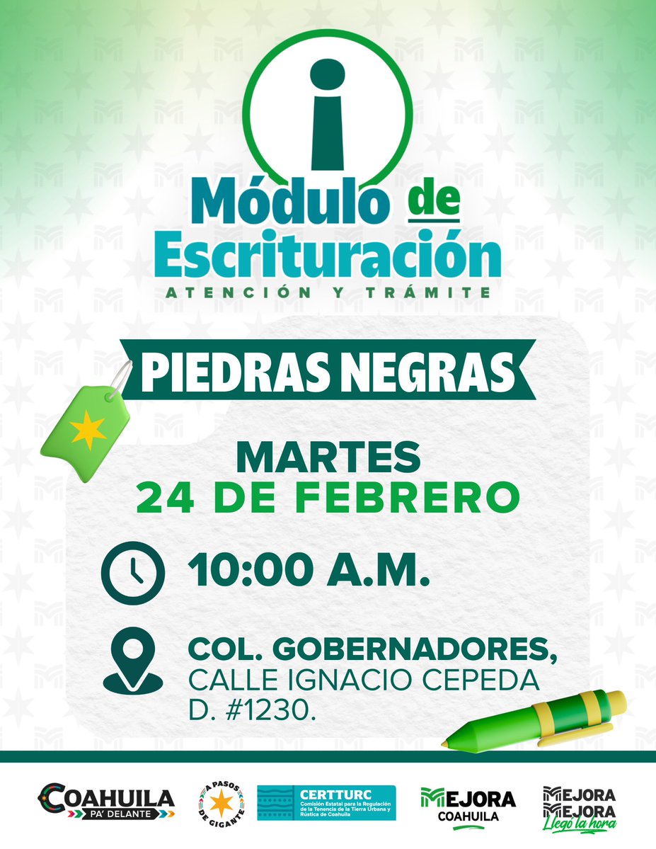 ¿Aun no cuentas con escrituras? Recibe atención y empieza tu trámite en nuestros módulos itinerantes en #PiedrasNegras

#CoahuilaPaDelante #APasosDeGigante#MejoraTuColonia
