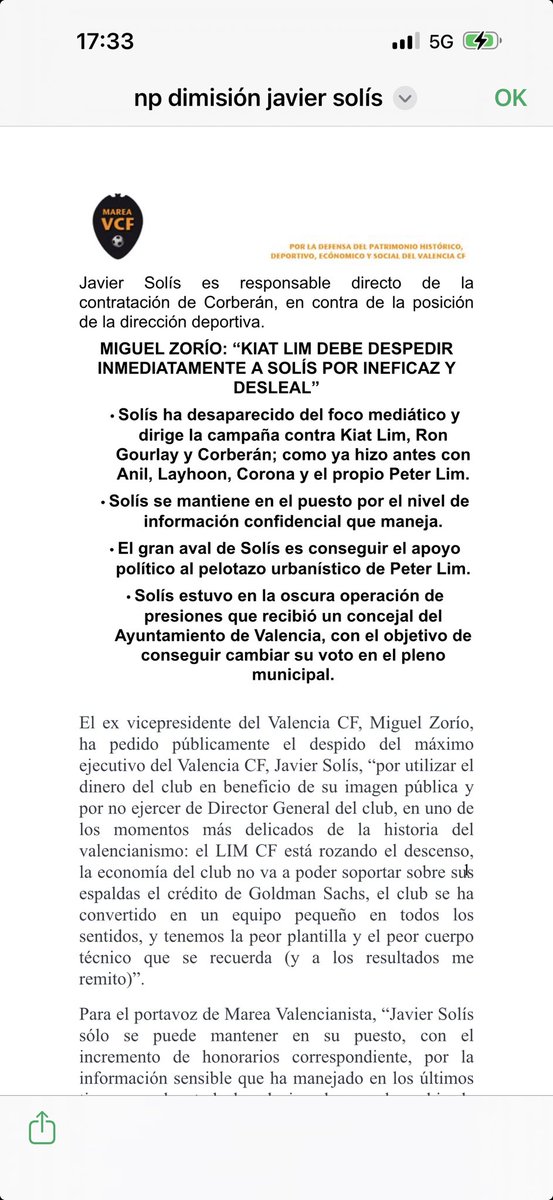 Zorío pide el cese inmediato de Javier Solís en el Valencia CF: usa el dinero del club para cuidar su imagen y es uno de los grandes responsables de lo que ha pasado con el LIM CF. ⁦<a href="/valenciacf/">Valencia CF</a>⁩ ⁦<a href="/LibertadVCF/">Libertad VCF</a>⁩ ⁦<a href="/mareavcf/">Marea Valencianista</a>⁩