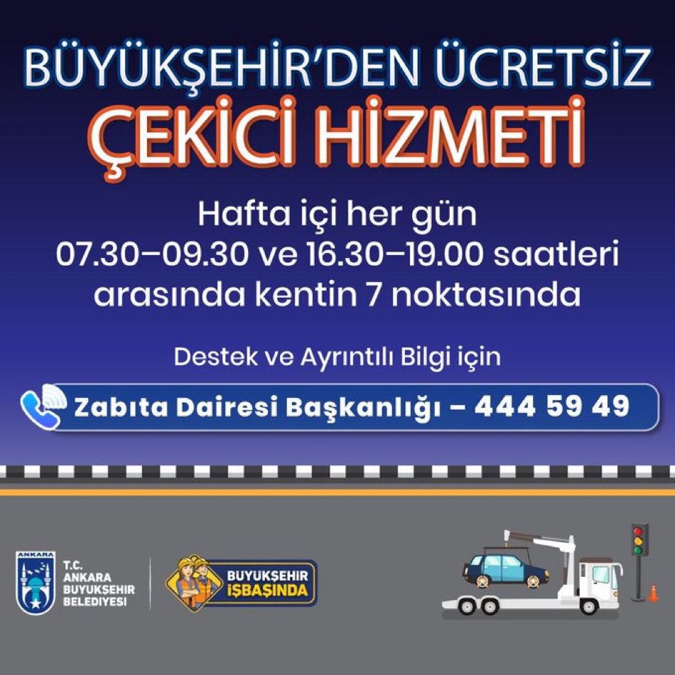 Ankara Büyükşehir Belediyesi’nin, Hafta içi her gün belirlenen saatlerde, kentin 7 noktasında ücretsiz çekici hizmeti sunduğunu biliyor muydunuz? <a href="/mansuryavas06/">Mansur Yavaş</a> 🇹🇷 

🕒 07.30–09.30
🕒 16.30–19.00

Detaylı bilgi ve destek için: 

📞 444 59 49
