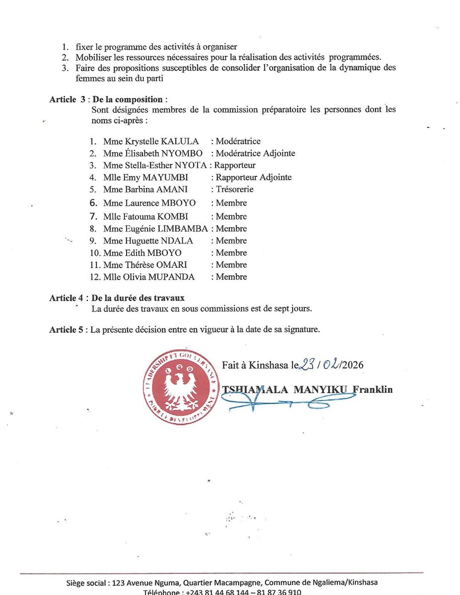 #RDC: 🔴⚪️ DECISION N° 106 / LGD / SG/TMF/2026, DU 23/02/2026 PORTANT MISE EN PLACE D’UNE COMMISSION PREPARATOIRE POUR LA CELEBRATION DU MOIS DE LA FEMME DU PARTI POLITIQUE LGD
————————————————————
Vu la Constitution de la République Démocratique du Congo, telle que modifiée par
