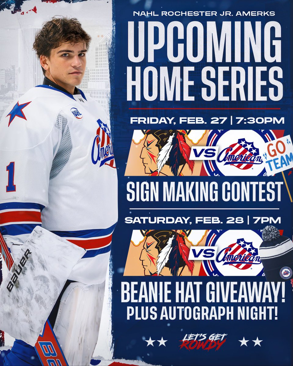 JrAmerksNAHL's tweet photo. THE HOME STAND ROLLS ON! 🙌🏼

The Jr. Americans have AWESOME promotions lined up this week! 

Feb. 27 | 7:30pm | Sign Making Contest
Feb. 28 | 7:00pm | Beanie Hat Giveaway + Autograph Night

The Jr. Americans look to remain hot! 

🎟️ https://t.co/8iGpRmw0WB https://t.co/mQRM5E6Vsc