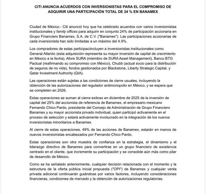 🚨#ÚLTIMAHORA | Citi anunció la venta del 24% de <a href="/banamex/">Banamex</a>  a fondos extranjeros y Afores locales por 2 mil 50 millones de dólares   Entre los compradores se encuentran General Atlantic, Afore Sura, Banco BTG Pactual, Chubb, Blackstone, Liberty Strategic Capital y Qatar Investment