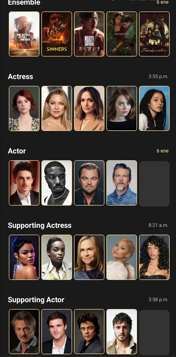My SAG predictions 

ENSEMBLE
SINNERS 

ACTRESS 
JESSIE BUCKLEY (HAMNET)

ACTOR
TIMOTHEE CHALAMET (MARTY SUPREME)

SUPPORTING ACTRESS 
TEYANA TAYLOR (ONE BATTLE AFTER ANOTHER)

SUPPORTING ACTOR 
SEAN PENN (ONE BATTLE AFTER ANOTHER)