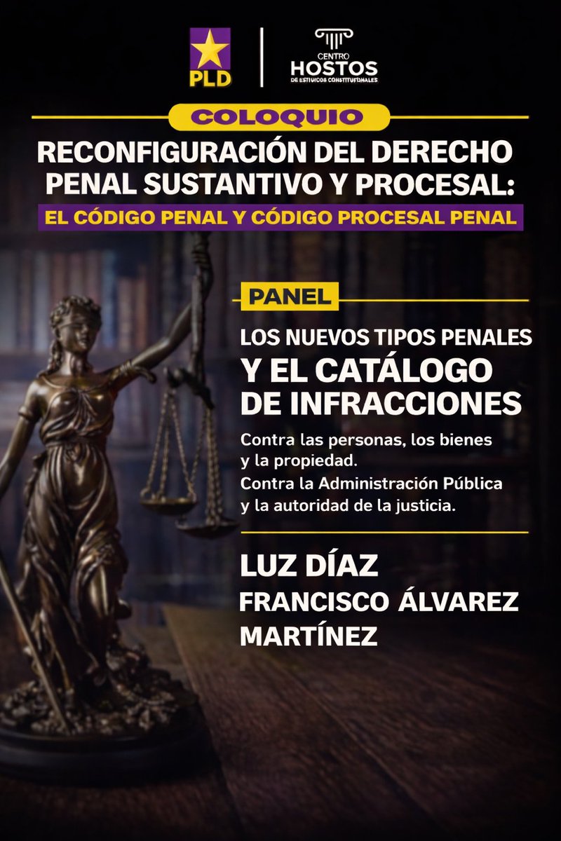 Este miércoles nos acompañan <a href="/luzdiazrod/">luzdiazrod</a> y <a href="/falvarezm88/">Francisco Álvarez Martínez</a>, quienes abordarán el panel “Los nuevos tipos penales y el catálogo de infracciones contra las personas, los bienes y la propiedad, contra la Administración Pública y la autoridad de la justicia”.