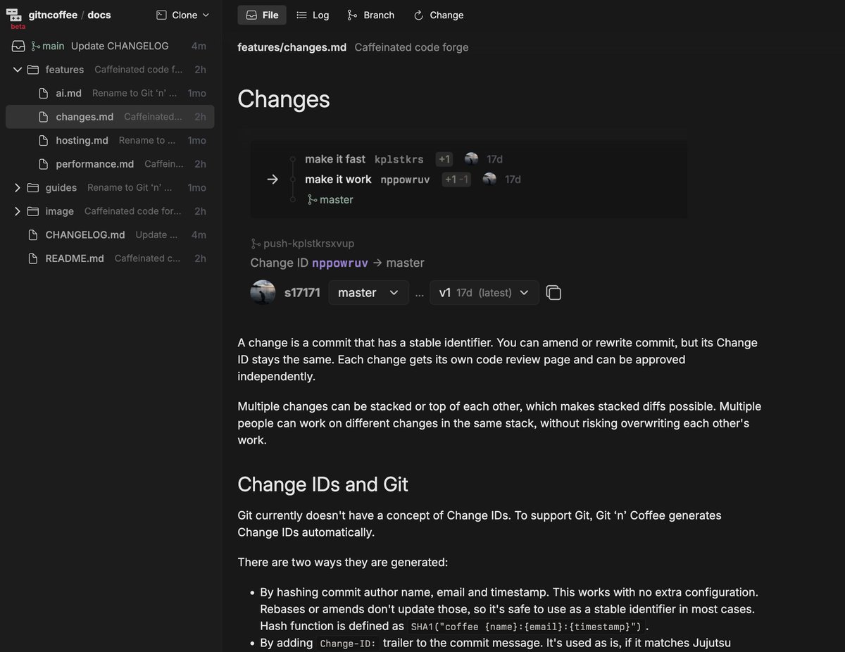 iefserge's tweet photo. Shipped major updates to Git ‘n’ Coffee (aka Caffeinated Code Forge) to support Change IDs and Jujutsu (jj).

Also hashing Git commit metadata to generate Change IDs for Git commits as well. This works pretty well, but still hoping Change IDs will be added to Git in the future. https://t.co/6gerZEPc6u