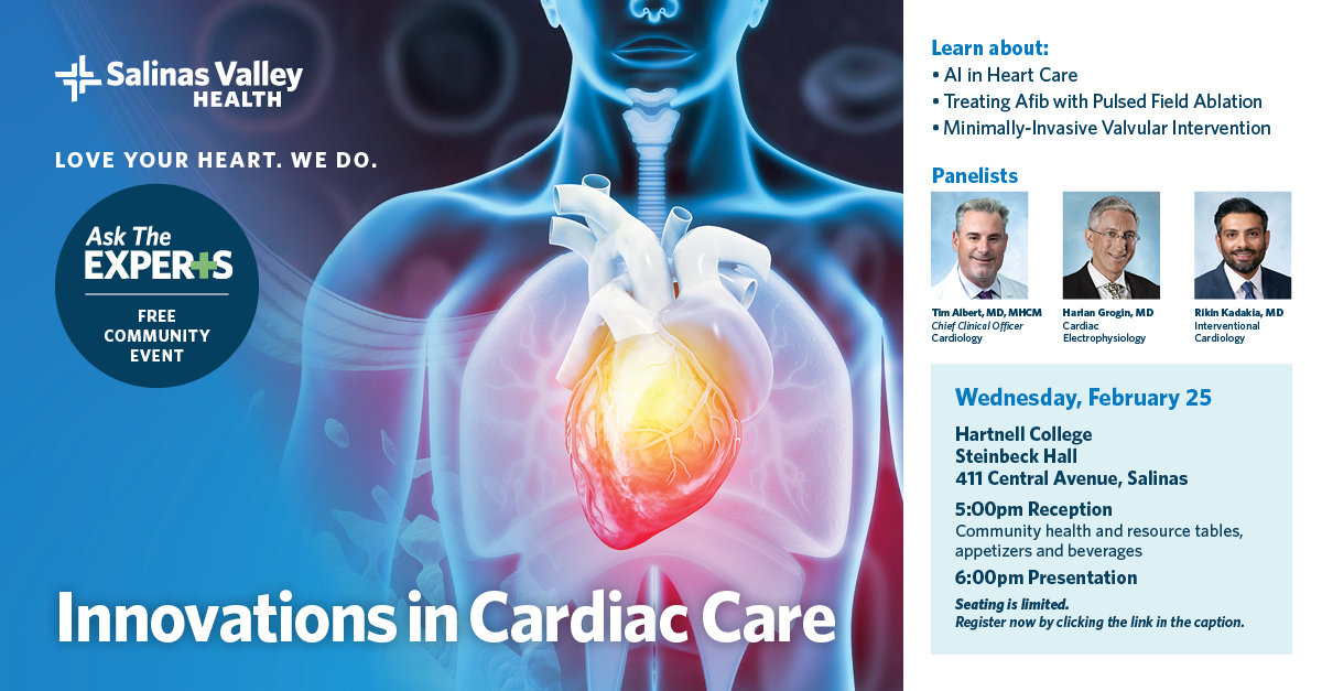Salinasvhealth's tweet image. The future of cardiac care is here. Join Salinas Valley Health for our Innovations in Cardiac Care presentation and learn how to protect your heart. Seating is limited. Register today: bit.ly/4ke4QHO
#hearthealth #cardiaccare #asktheexperts #SalinasValleyHealth