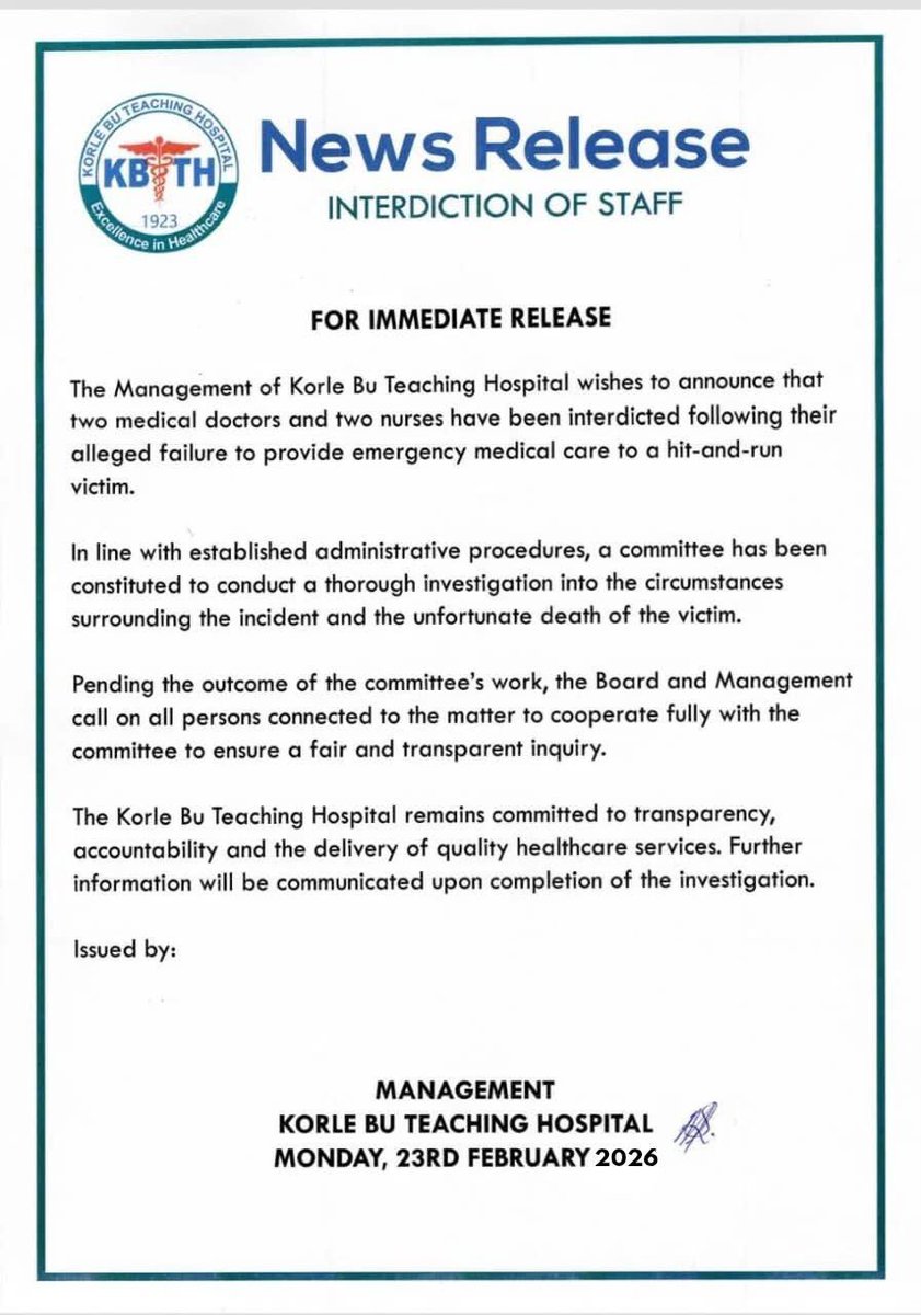Channel1TVGHA's tweet photo. The management of Korle Bu has announced that two doctors and two nurses have been interdicted following their failure to provide emergency care to a hit-and-run victim, Charles Amissah, who eventually died.

#HitAndRun #NoBed #GhanaNews #CitiFM #ChannelOneTV https://t.co/Ih4LaLOUgE