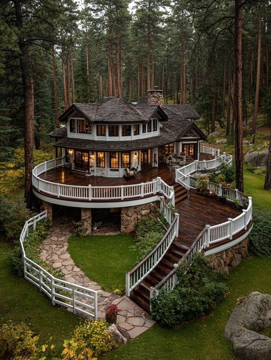 HOUSEPORN___'s tweet image. Wooden house in the middle of the forest 🪵🌲