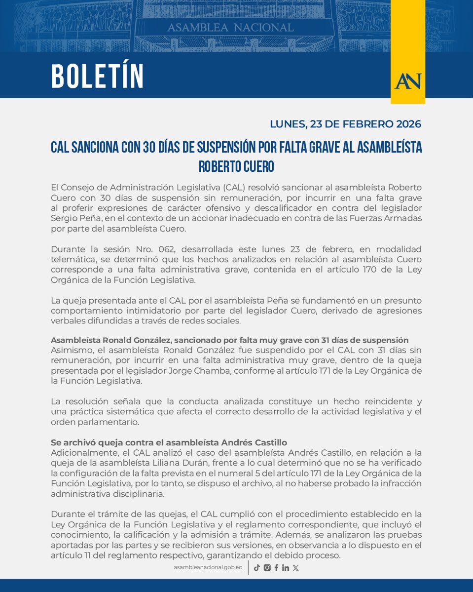 El CAL suspende por un mes a dos asambleístas de RC y archiva queja contra asambleísta de ADN.