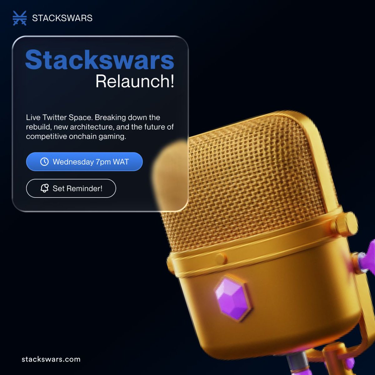 StacksWars's tweet photo. Stacks Wars Relaunch Space is happening.

This Wednesday at 18:00 UTC, we’re hosting a live Space to break down everything behind Stacks Wars and what we’ve rebuilt over the past 11 months.

This is not just an update, It’s the beginning of the next phase.

We’ll be covering:

• How Stacks Wars started and what we learned from the early version
• Why we rebuilt the platform from the ground up
• The new plugin based architecture and how developers can build and deploy their own games
• The vision for competitive onchain gaming on Stacks
• We’ll also open the floor for AMA.

And right after the Space, we’re planning a live gameplay showcase of our new Ludo game. We’ll create a lobby live and invite community members to join so you can see real matches happening in real time.

If you care about on-chain gaming, building on Stacks, real time multiplayer infra or just testing your skill for real stakes
Set a reminder and join us.

Wednesday
18:00 UTC

Let’s build the competitive gaming layer on Stacks properly.

Set a reminder for my upcoming Space! https://t.co/jlKHbnyd5A