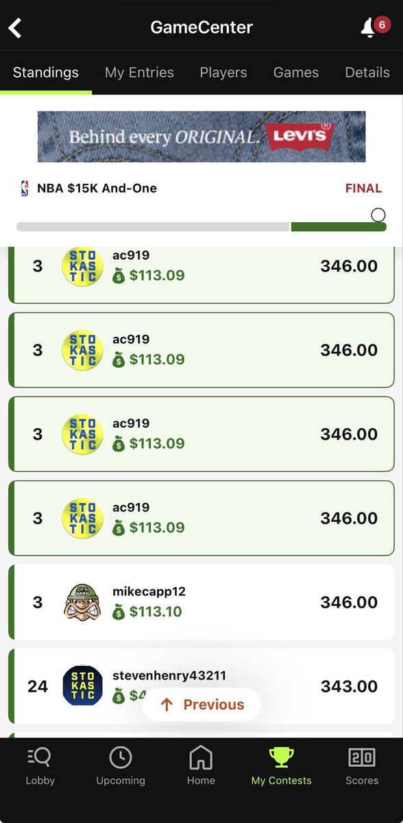 ac988's tweet photo. My laptop froze and did an extended restart close to lock so I had to enter all in the $1 20 max and I got very lucky. All lineups ended up tied for 3rd with one other person. Thanks to the tools @Stokastic @StokasticHOF @gehrenbergdfs @JazzrazBets @JoshEngleman @EricLindquist https://t.co/ua6GRGt5W1