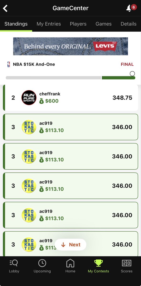 ac988's tweet photo. My laptop froze and did an extended restart close to lock so I had to enter all in the $1 20 max and I got very lucky. All lineups ended up tied for 3rd with one other person. Thanks to the tools @Stokastic @StokasticHOF @gehrenbergdfs @JazzrazBets @JoshEngleman @EricLindquist https://t.co/ua6GRGt5W1