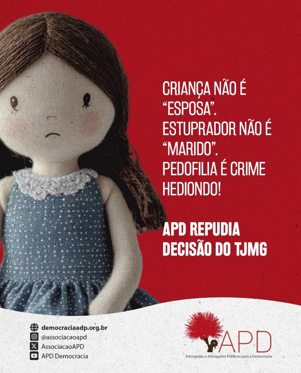 AssociacaoAPD's tweet photo. A APD repudia a decisão do Tribunal de Justiça de Minas Gerais, que absolveu um homem de 35 anos, do crime de estupro contra uma adolescente de 12 anos,  afrontando claramente a legislação sobre o tema,  que prevê a condenação de estupro de vulneráveis, https://t.co/99NpsFF390