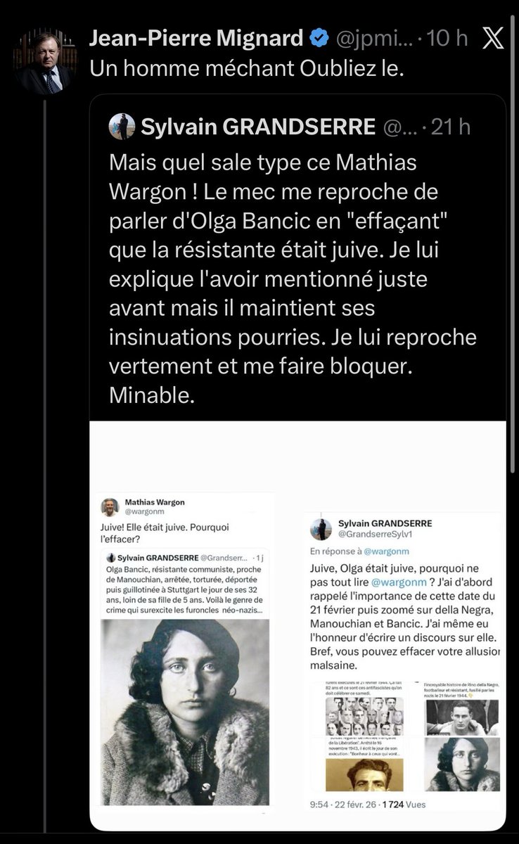 Qui vient défendre ce type qui s’est beaucoup plaint avant de m’insulter quand j’ai juste fait remarquer qu’il avait oublié de dire qu’une résistante était juive? Mignard… ça sera tout pour moi.