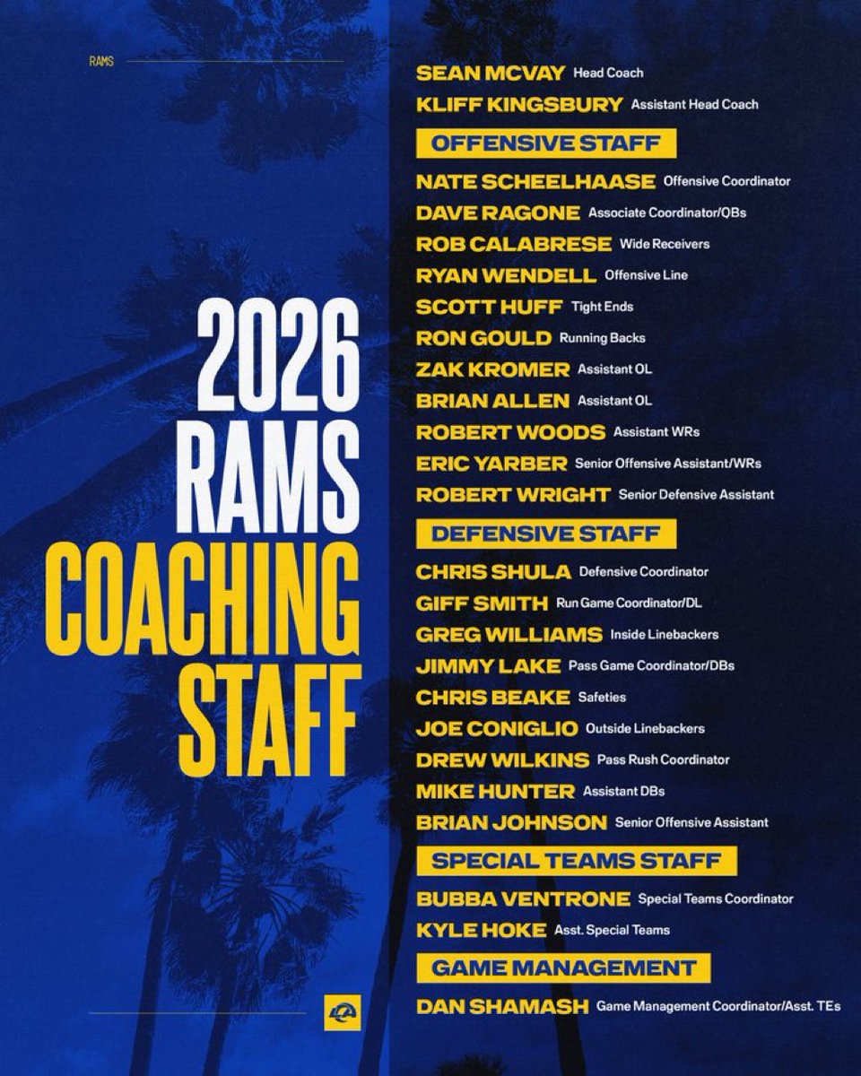 Nossa coaching Staff para 2026.

Algumas surpresas como Robert Woods e Brian Allen como assistentes sendo ex jogadores do time, promoção do Nate para coordenador ofensivo e finalmente o cargo do Kliff, acima da hierarquia de coordenação, alguém que atuará diretamente com McVay.