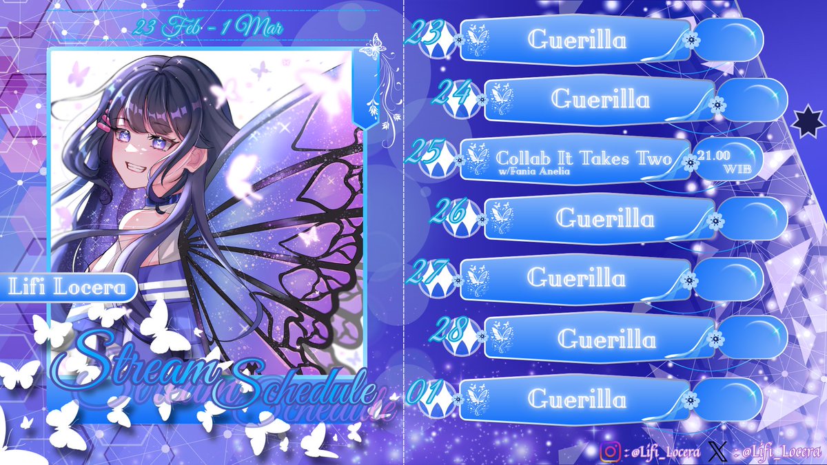 Lifi_Locera's tweet photo. 🦋【SCHEDULE】🦋

23 February ~ 01 March 2026

Fanname #Fairielocians

💜HASTAG💜
General : #LifiLocera
Live : #LifLive
FanArt : #LipArt
Clips : #LifiClips
Meme : #Lipipiuw
Collab : #Liplab
Karaoke : #Lifising
Sunday Stream : #LMM
Night Talk : #NWL

#VtuberID #VTuberUprising https://t.co/f25bjVkc9w
