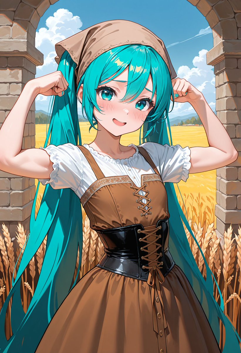 Miku, a peasant dissatisfied with her life, who dreams of becoming a princess / 人生に不満を抱えつつ、プリンセスになりたいと願っている農民のミク SFW Illustration. No nudity or suggestive intent  #AIイラスト #HatsuneMiku #初音ミク