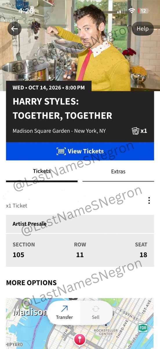 LastNameSNegron's tweet photo. Got one ticket for Harry Styles MSG in October 14 for sale.  I can’t got during that day anymore. DM for proof and $$ https://t.co/nHAX21mK17