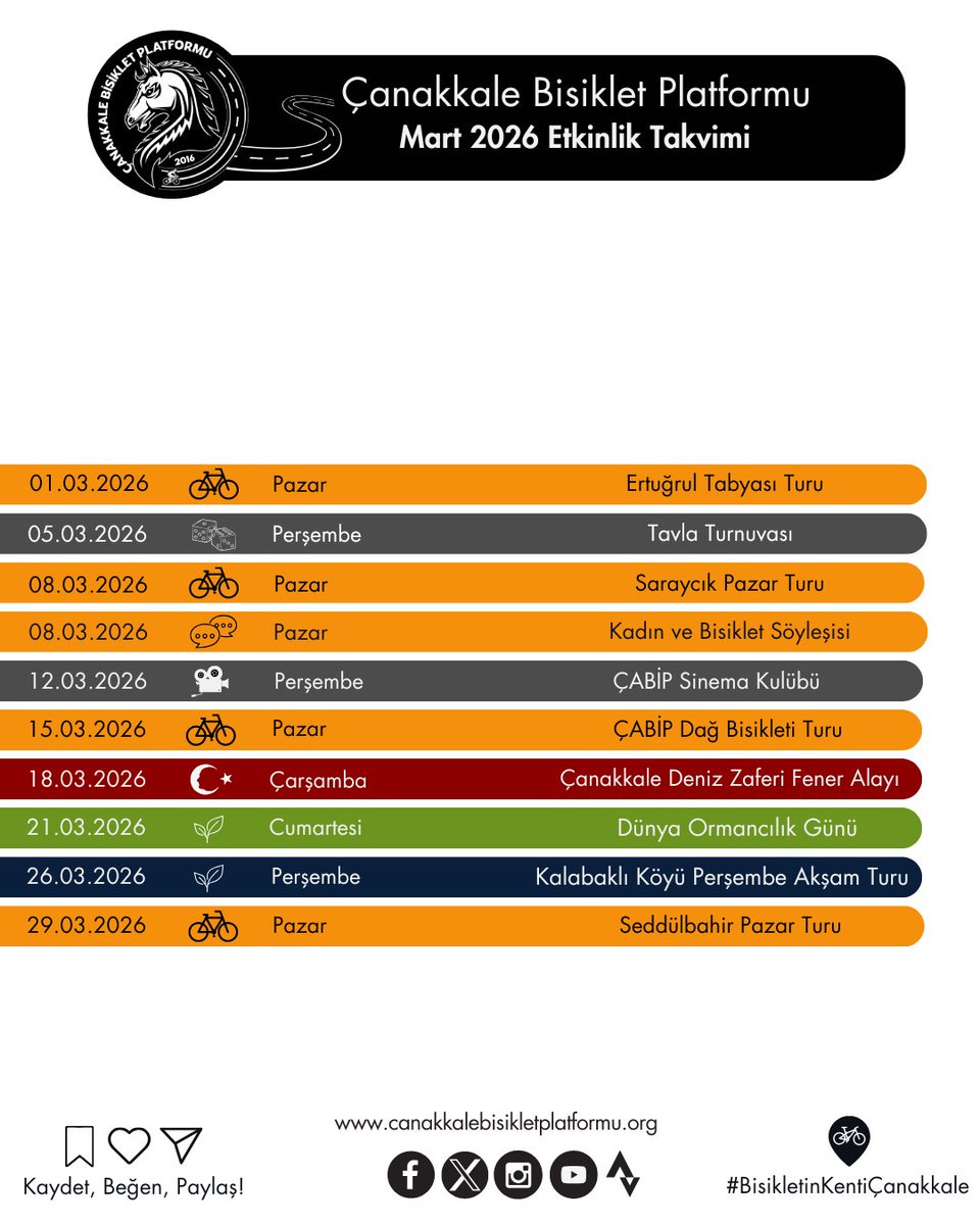 Çanakkale Bisiklet Platformu Mart 2026 Etkinlik Takvimi Yayında!

#ÇanakkaleBisikletPlatformu #BisikletinKentiÇanakkale #RüzgârınDemirAtlıları #ÇABİP #Çanakkale