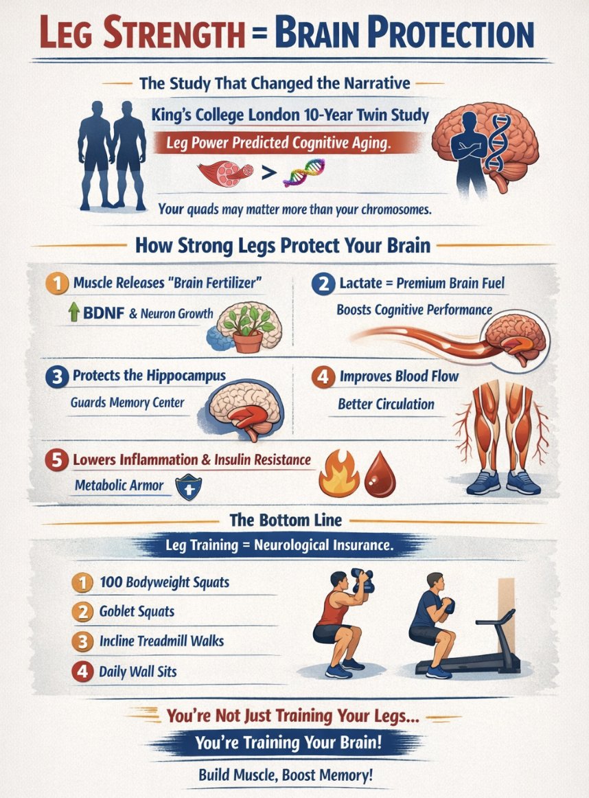 Nobody wants to lose their mind with age

But most people blame mental decline on genetics, or "getting older."

This 10-year study found one of the STRONGEST predictors of brain aging wasn’t DNA.

It was LEG STRENGTH!

Here’s how to use &amp; protect your muscle-brain connection:👇