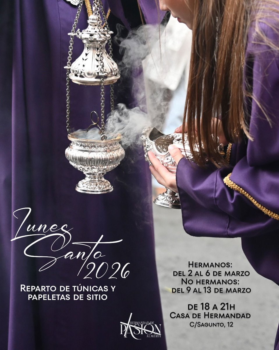 LUNES SANTO | Inmersos en la cuaresma, recordamos a todos las fechas de reparto de túnicas y papeletas de sitio para el próximo #LunesSanto2026 

Y si tienes dudas, siempre puedes acudir a nuestra casa de Hermandad o a través de nuestro canal de whatsapp (+34630639080)