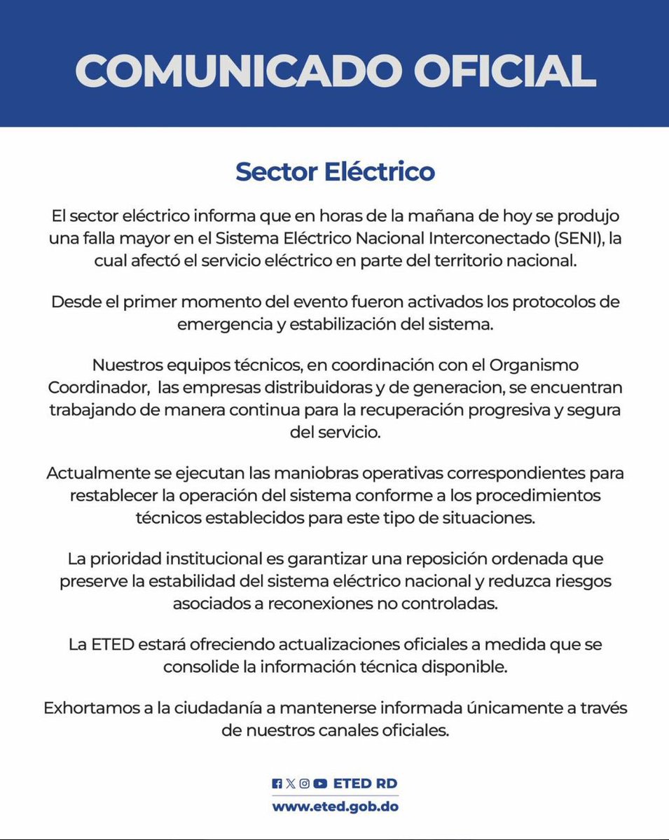 Apagón general en República Dominicana. 

Tenemos que entender bien esa “falla mayor”.

Da sustico. 

cuartasemana.com.do/empresa-de-tra…