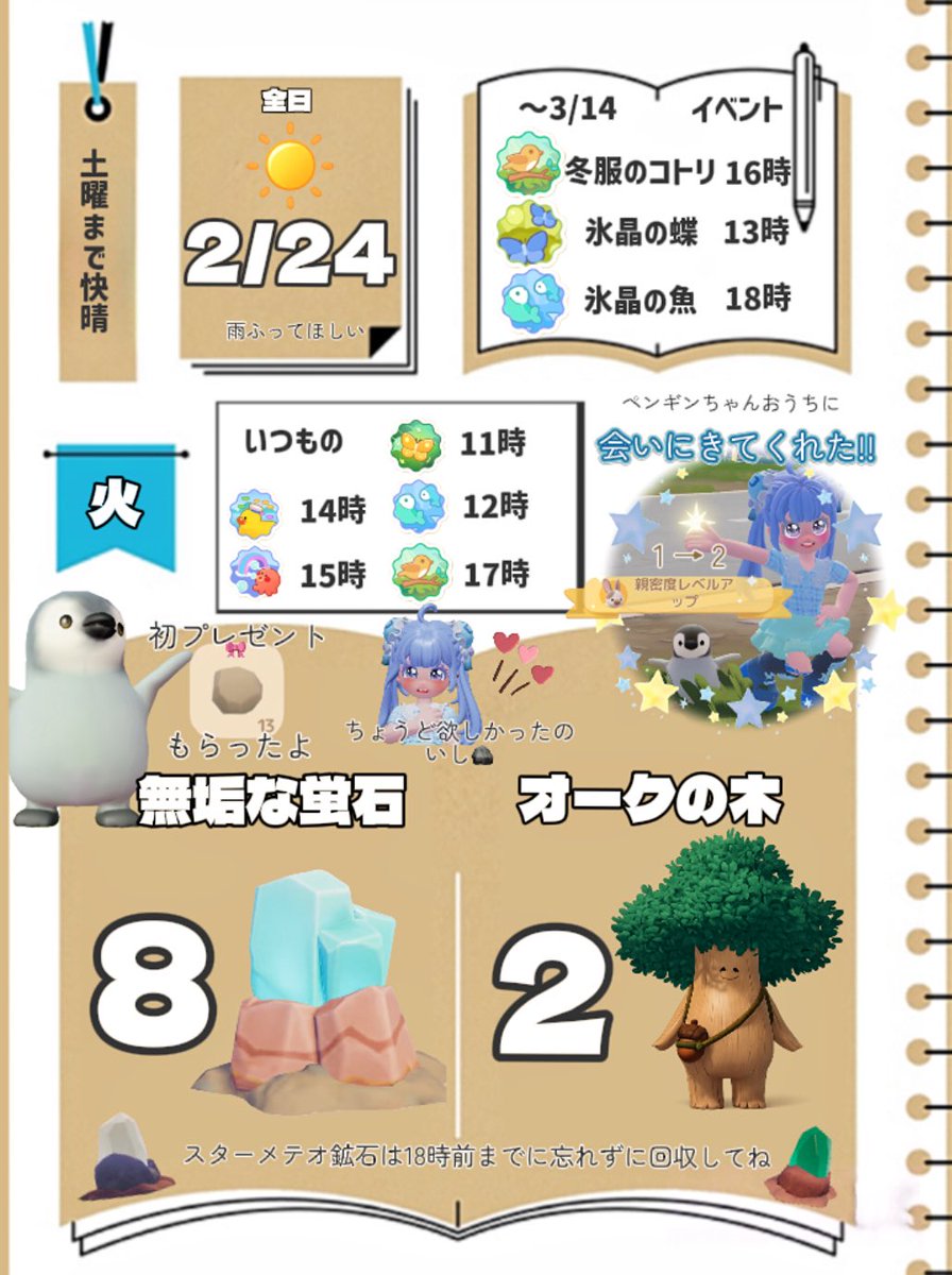 今日2/24のハートピア

無垢な蛍石　オークの木　場所

#ハートピア　#Heartopia #ハートピアスローライフ