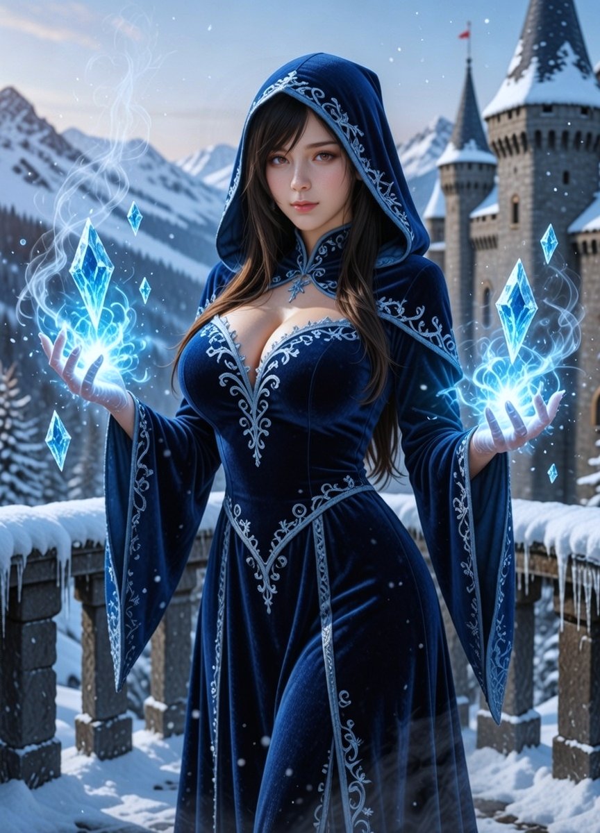 TifaDreamsAI's tweet photo. Winter mage moment: blue velvet, silver embroidery, frozen castle view under pale sky 🌬️ https://t.co/D958puPR6h
