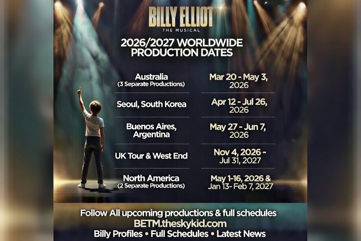 theskykidcom's tweet image. BILLY ELLIOT THE MUSICAL announces brand new 2026/2027 productions!🔥🌍
New productions in: 🇦🇺Australia (3) •🇰🇷 Seoul •🇦🇷 Buenos Aires •🇬🇧UK Tour &amp;amp; West End •🇺🇸 North America (2)
BETM.theskykid.com
Who’s ready for Billy to fly again? 👟
#BillyElliot #BillyElliotMusical