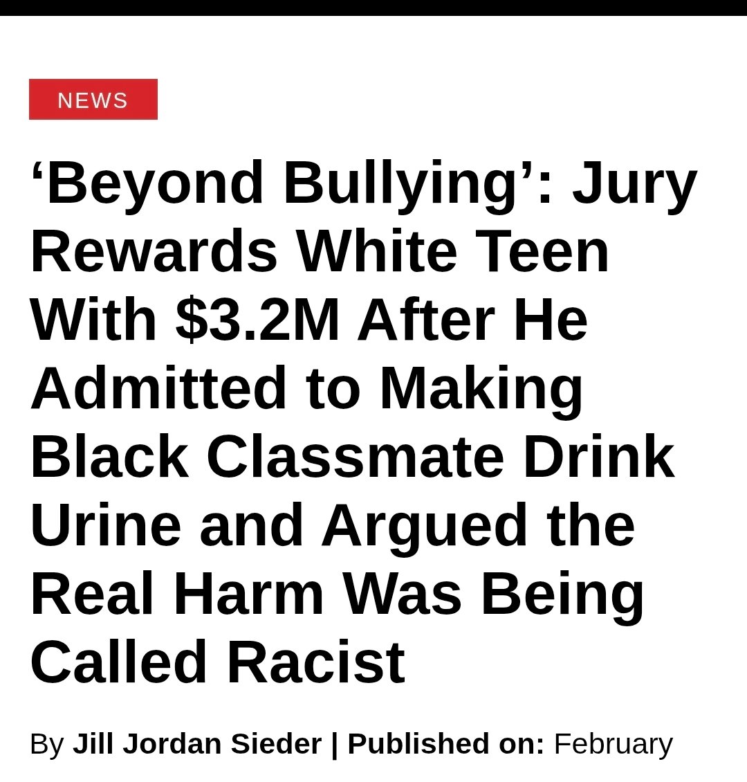 A group of white boys harass, taunt, abuse a black kid for almost two years. 

They urinated in a cup, mixed it with apple juice and FILMED themselves making him drink it.

They shared the video online to bully him.

One of the white boys' dads then SUES THE BLACK BOY'S MOTHER