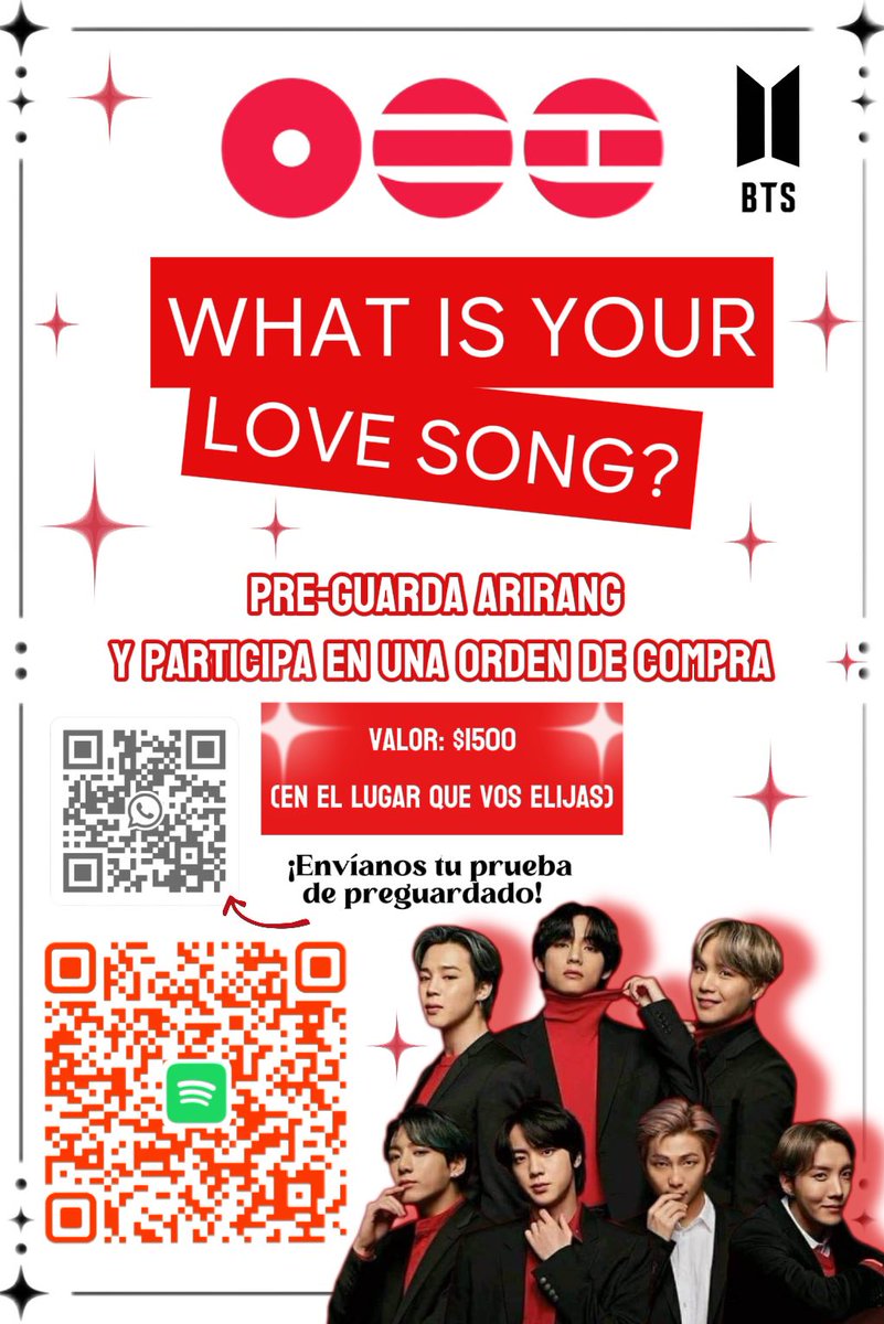 WildJoonFlower_'s tweet photo. UY-ARMY🇺🇾

—¡Nos sumamos al proyecto “WHAT IS YOUR LOVE SONG?” que están llevando a cabo otros países y además, agregamos esta linda idea!

Vamos a estar regalando el qr de preguardado de ARIRANG en las calles junto algo dulcecito y las frases de las canciones de los chicos que más te gusten y reconforten.♥️

Además… ¡TODOS QUIENES PREGUARDEN ARIRANG PARTICIPAN DE UNA ORDEN DE COMPRA! (El lugar lo elige el ganador).

El sorteo se realizará el 20/3.

Se deberá enviar una prueba del preguardado del álbum al WhatsApp: 096349375.

¿Te sumas? No importa de qué departamento seas, todos pueden participar.