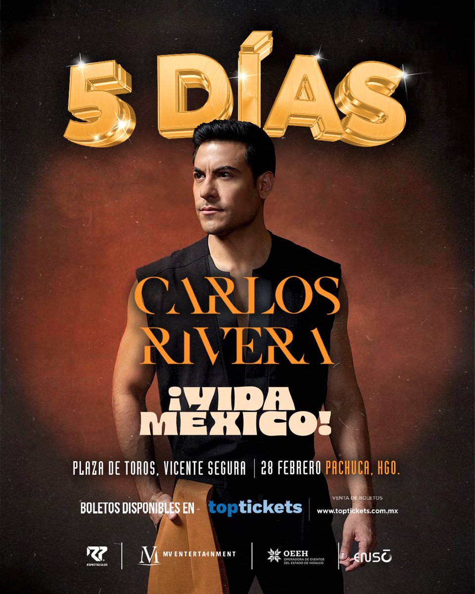 DondeHayFeria's tweet photo. Faltan sólo 5️⃣ días para ¡Vida México!, con toda la música de Carlos Rivera en la Plaza Vicente Segura de Pachuca‼️😍🎶

https://t.co/CpqoTDimvE https://t.co/m9bPseOdXq