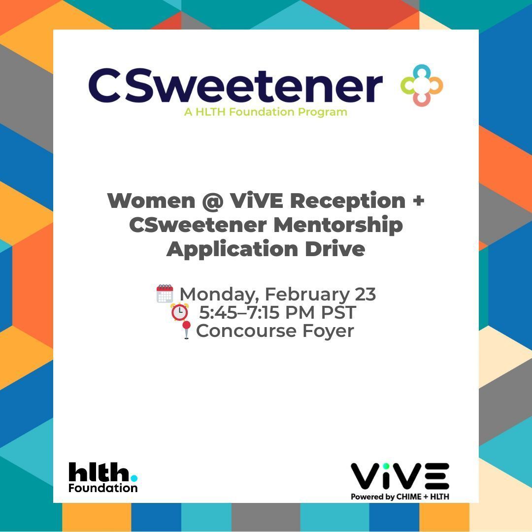 hlthfoundation's tweet photo. Tonight at ViVE 👇

Women @ ViVE Reception + CSweetener Mentorship Application Drive
5:45–7:15 PM | Concourse Foyer

Stop by. Apply. Mentor. Connect.

#ViVEvent #CSweetener #HLTHFoundation https://t.co/X4c7cRsOtE
