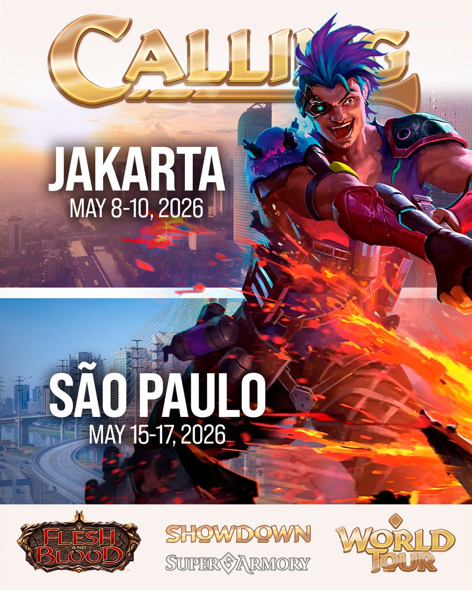 fabtcg's tweet photo. Rise to the challenge on the World Tour this May! 🌍️ 

Flesh and Blood is landing in Jakarta from May 8-10, and São Paulo from May 15-17! Plan your weekend, register early, and prepare to battle it out ⚔️ 

Register for Jakarta: https://t.co/Sy18m7dNDB 
Register for São Paulo: https://t.co/W8T5yoEdg2