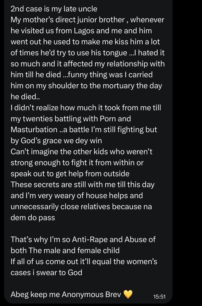 Boy Child Sexual Abuse

Some people chose to send theirs in the DM. I’ll be posting and keeping them anonymous.

1.
